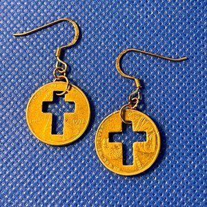 Copper Cross Penny French Hook Pierced Earrings